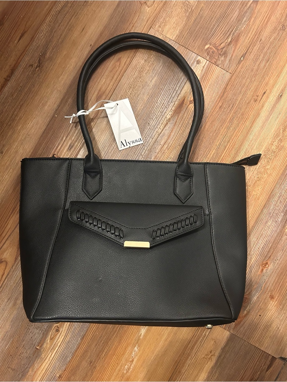 Alyssa Black Structured Tote with Braided Front Accent